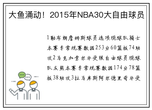 大鱼涌动！2015年NBA30大自由球员